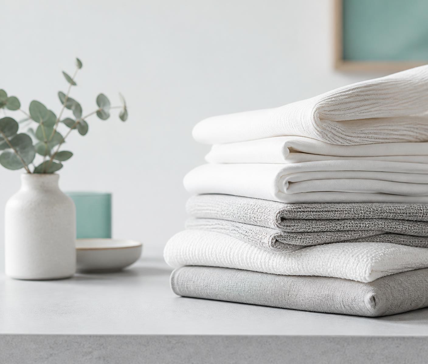 Neatly folded fresh white and grey laundry stacked on a clean surface
